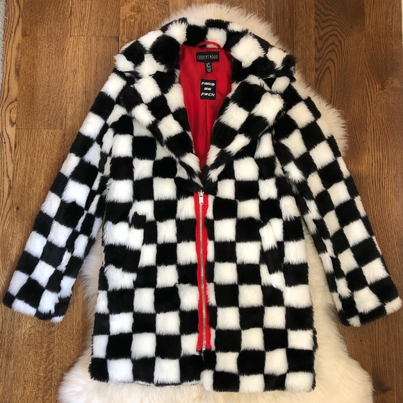 checkered faux fur coat